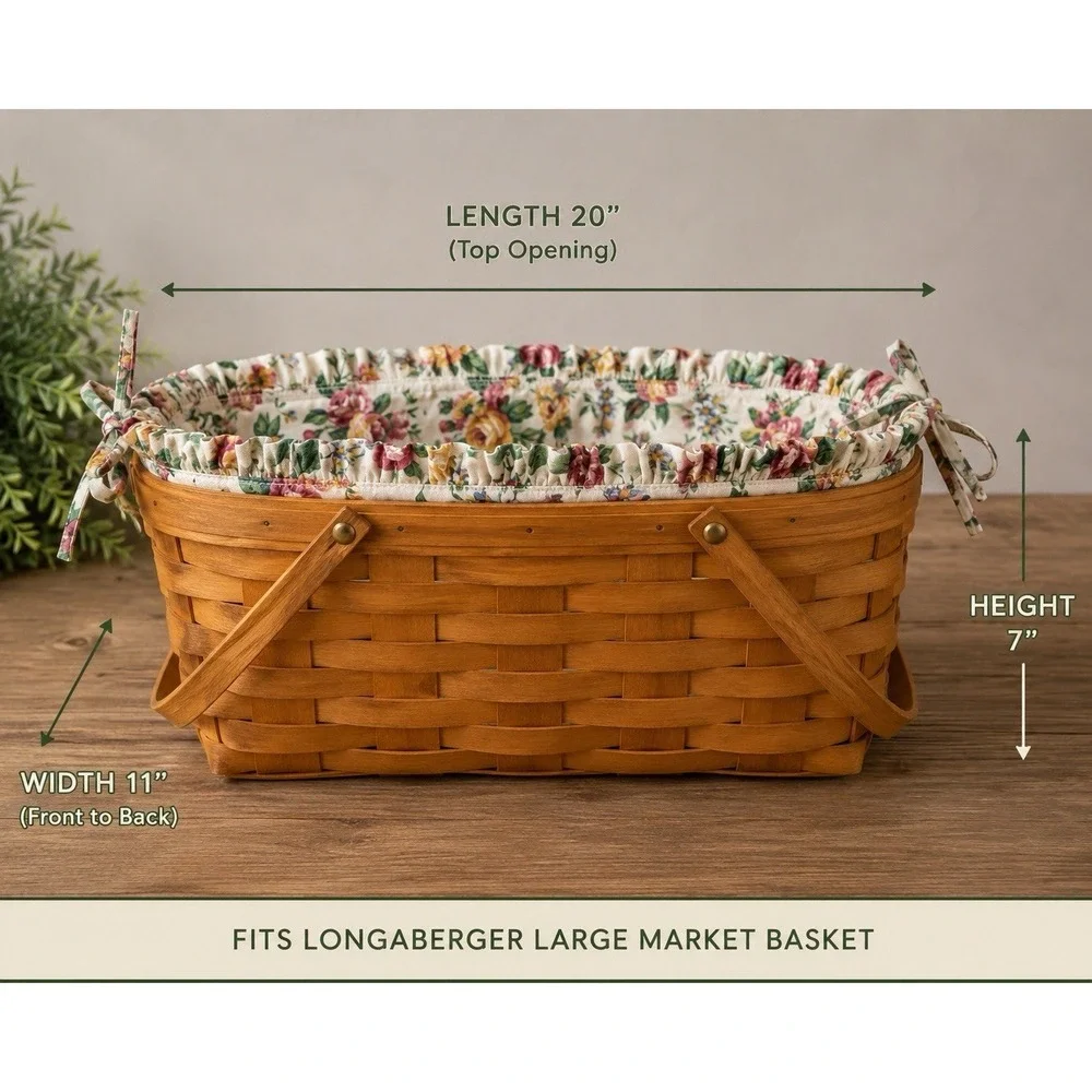 Vintage Longaberger Large Market Basket Liner Floral Rose Print Tie-On Fabric